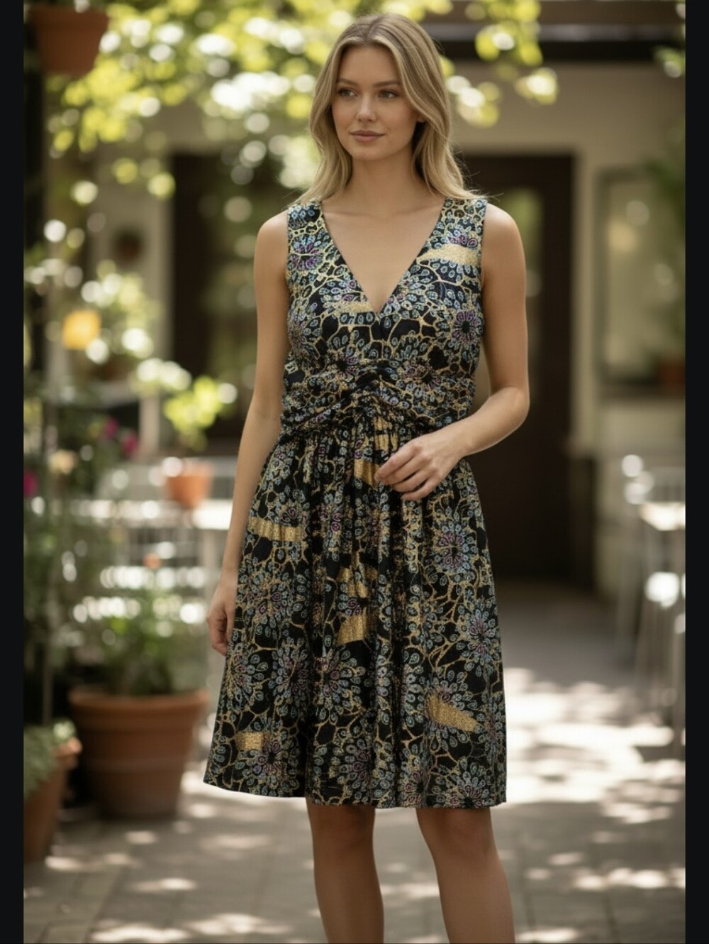 Sleeveless Halter Style Shiny Gold Floral Pattern Dress in Black and Turquoise.
